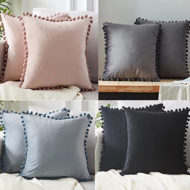 Pom Pom Cushion Covers - Soft Plush Pillow Cases with Bobbles